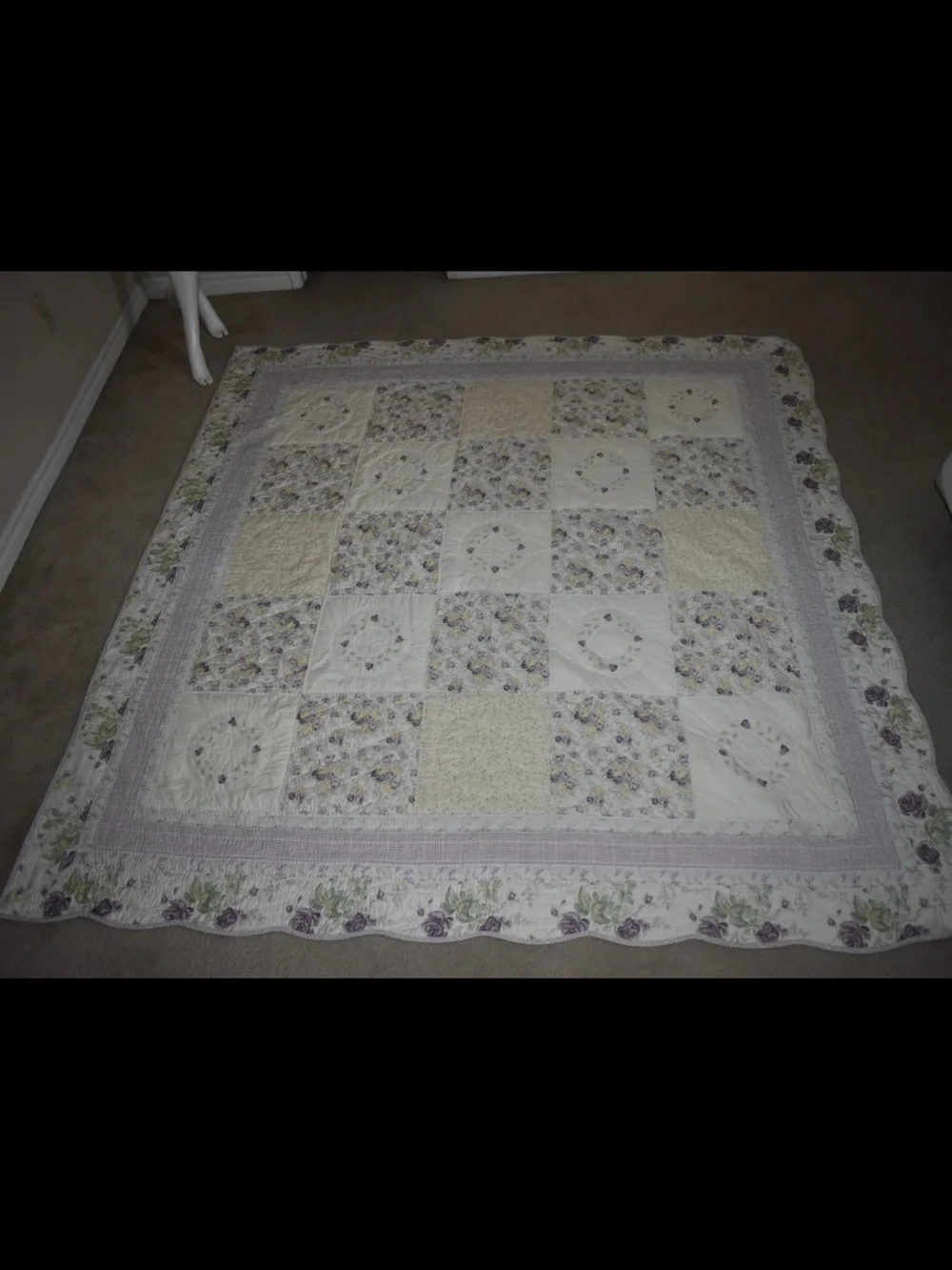 Vintage Quilt Full Queen Blanket Floral Flower embroidered Beads Country Cottage